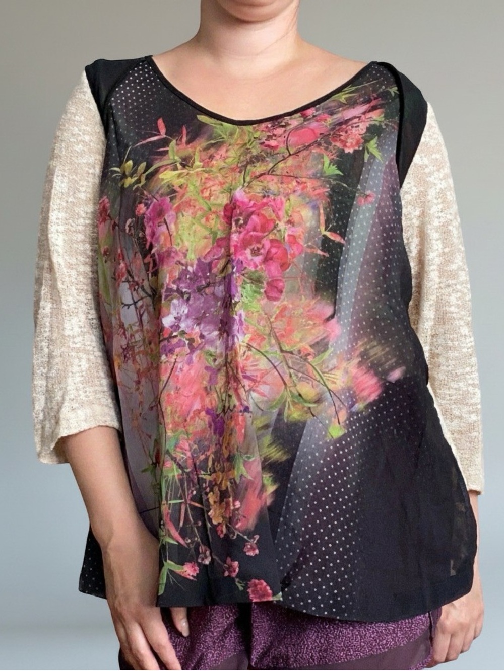 Citron Floral Black Sheer Chiffon Blouse Tan Knit 3/4 Length Sleeve Poeme Artsy